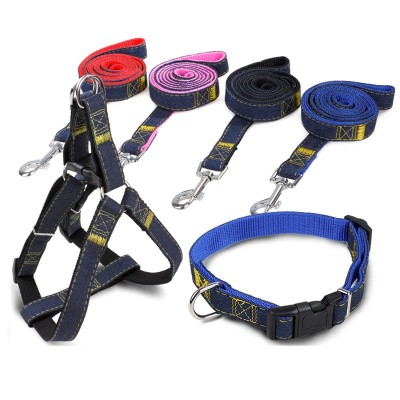 Adjustable 3 pieces outdoor easy walk denim dog harness